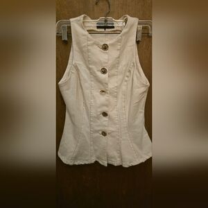 Zara Stitched Peplum Vest Ecru. Ara Elegant Cream Vest with Gold Accents